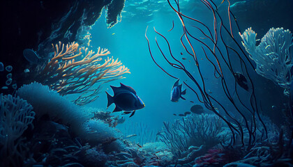 Obraz na płótnie Canvas Underwater sea in blue sunlight Ai generated image