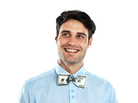 Finance, smile and happy business man in studio with money bowtie on isolated, transparent and png background. Cash, investment and male business owner excited for startup with wealth aesthetic