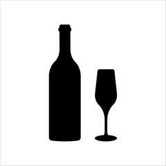 Wine bottle and glass. Black silhouette on a light background. Vector illustration.