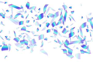 Fototapeta na wymiar Cheerful falling confetti decoration vector background. Blue hologram particles fiesta decor. Cracker poppers party confetti. Holiday celebration decor illustration. Top view sequins.
