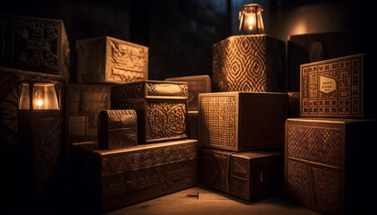 Ancient bookshelf holds religious antiquities in darkness generated by AI