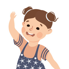 Happy Little Girl with Raised Up Hand Smiling Vector Illustration
