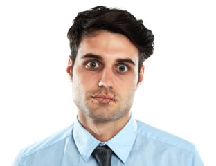 Business man, silence and portrait of censored victim with mouth stitching isolated on transparent png background. Corporate worker, censorship and abuse of lips closed for speech, secret and control