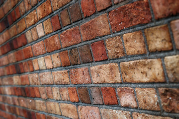 Mur z czerwonej cegły z równych prostokątów. Ściana.  - obrazy, fototapety, plakaty