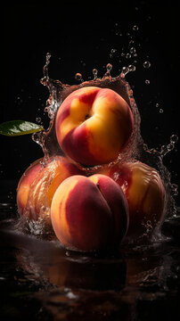  Generated Photo Of  Peach Slice With Water Splash On Black Background. 