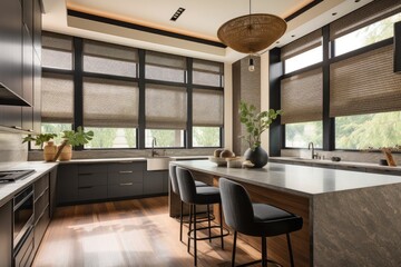 kitchen with automated blinds and custom window treatments that match cabinets, created with generative ai