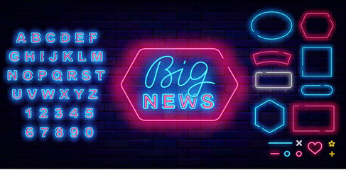 Big news neon label on brick wall. Shiny blue alphabet. Various shapes frames collection. Vector stock illustration