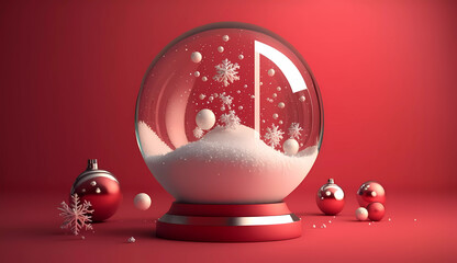 Christmas ball with snowflakes inside. Christmas. Red background. Banner. opy space. Generative AI