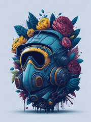 Gas mask in flowers splash. AI generated illustration