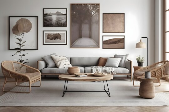 Modern boho neutral living room with art in frames on the wall