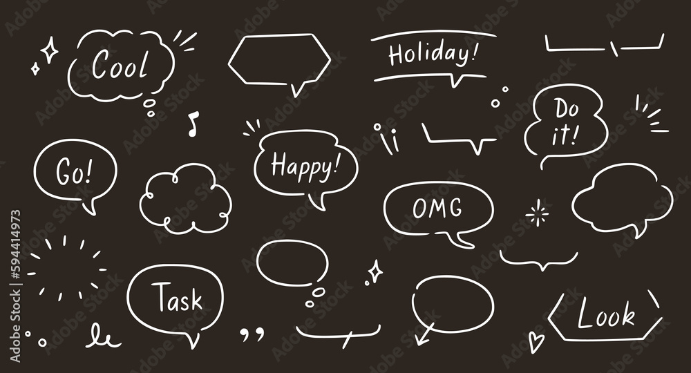 Poster Balloon text frame decoration set chalkboard background. Simple hand drawn pen line speech bubble, cloud, balloon frame for text border. Doodle elegant dialog bubble. Vector illustration