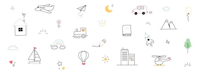 Hand drawn cute kid icon set background. Cute drawn sketch style doodle kid element rainbow, car, rocket, flower. Line pencil kid element. Vector illustration.
