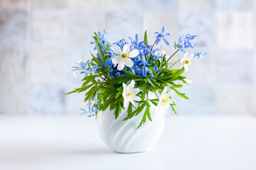 Delicate bouquet of the first spring flowers anemone and snowdrop in a white vase