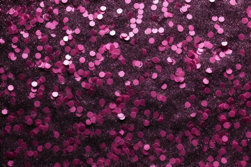Obraz na płótnie Canvas Pink glitter confetti on dark background, top view, Festive background, Generative AI