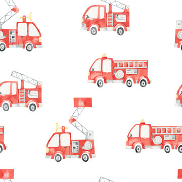 Seamless pattern with red fire trucks on white background. Watercolor illustration. Cute children's print with cars. Emergency.Kids texture for fabric, wrapping, textile, wallpaper, apparel.