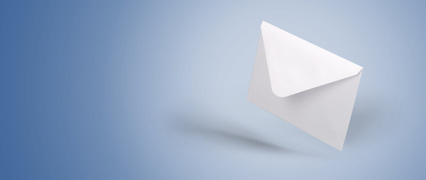 White envelope on blue background. Mockup of letter. Urgent message concept. Important information.