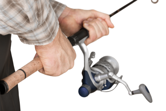 Man with a fishing rod isolated on white background