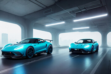 Plakat Two blue sports cars are driving down a highway in a tunnel with a foggy sky in the background and a city skyline, computer rendering, synchronism. Generative AI