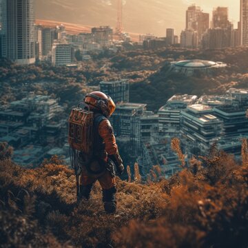 Astronaut look at abandon city town