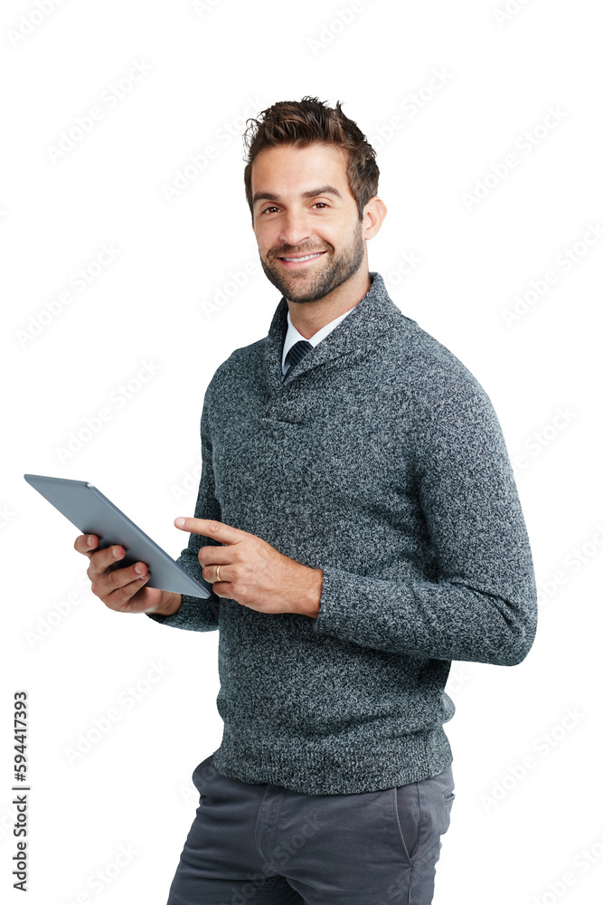 Poster tablet, smile and portrait of business man on png background for research, website and social media.