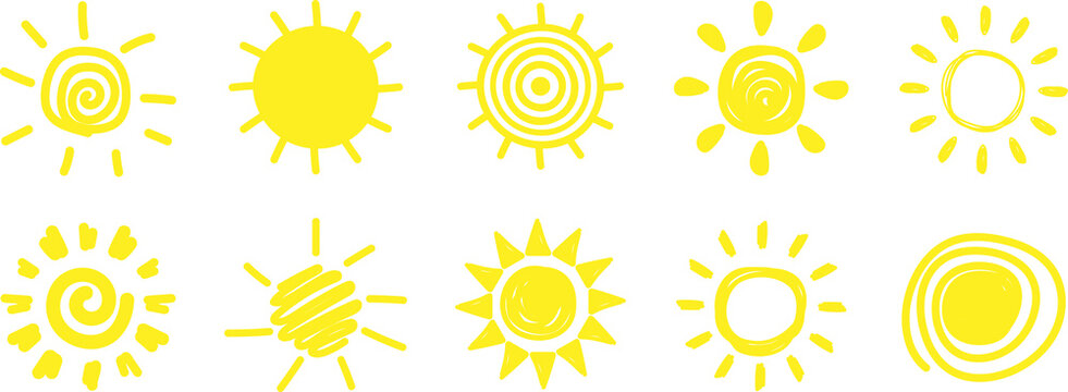 Sun symbols collection icons. Different doodle styles. PNG