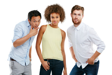 Diversity, people together and standing casual of interracial models or comic friends posing. Portrait of goofy, silly or fun playful group in support isolated on a transparent png background - obrazy, fototapety, plakaty