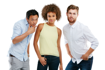 Diversity, people together and standing casual of interracial models or comic friends posing. Portrait of goofy, silly or fun playful group in support isolated on a transparent png background