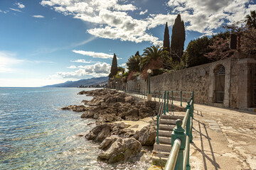 View at the adriatic sea from Opatija in Istria, Croatia, along the promenade in early spring