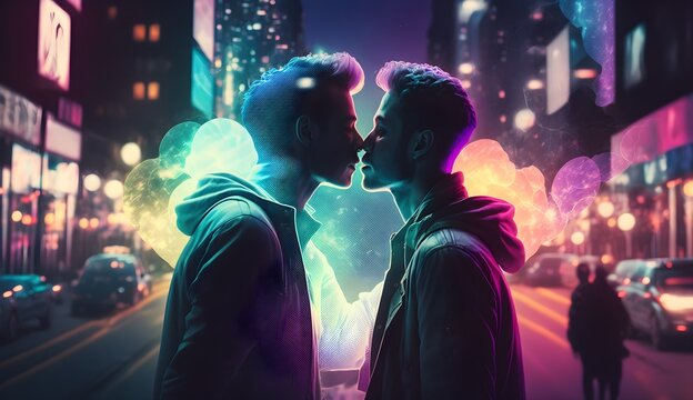 Gay couple kissing in busy street with colorful lights, generated with ai.