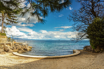 View at the adriatic sea from Opatija in Istria, Croatia, along the promenade in early spring - obrazy, fototapety, plakaty