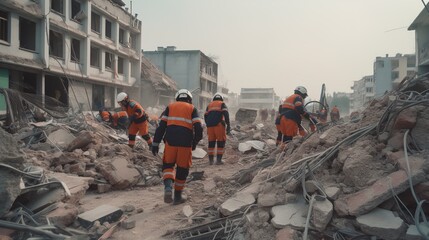 Rescuers in uniform and helmets sort out the rubble of houses after the destruction of a residential building, a ruined city and multi-storey buildings, earthquakes. AI generated - obrazy, fototapety, plakaty