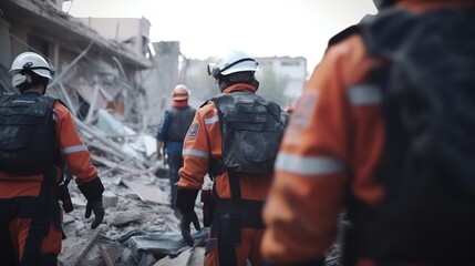 Rescuers in uniform and helmets sort out the rubble of houses after the destruction of a residential building, a ruined city and multi-storey buildings, earthquakes. AI generated