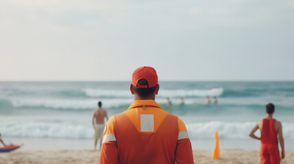 The lifeguard on the beach watches over the resting people who swim in the sea, rear view. AI generated