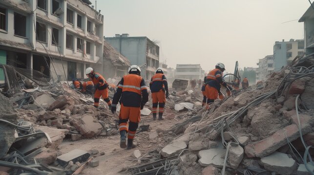 Rescuers in uniform and helmets sort out the rubble of houses after the destruction of a residential building, a ruined city and multi-storey buildings, earthquakes. AI generated