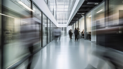 Busy office  and commercial floor, people walking on a busy office floor, motion blurr 