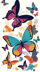 A group of colorful butterflies on white background. Generative AI. 