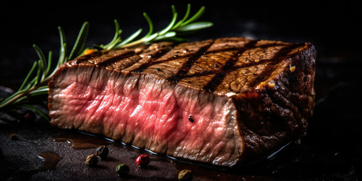 freshly grilled steak displays the caramelized, crusty exterior and the succulent, juicy interior, generative ai