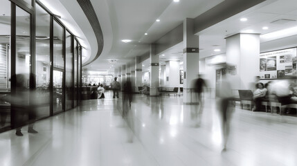 Busy office  and commercial floor, people walking on a busy office floor, motion blurr 