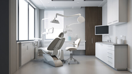 A modern empty dental clinic interior with bright overhead light and dental chairs with equipment