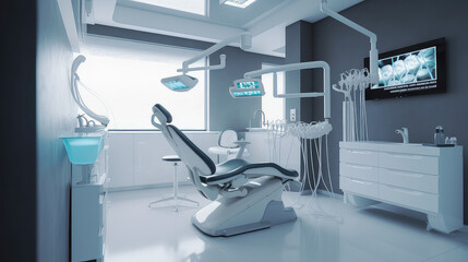 A modern empty dental clinic interior with bright overhead light and dental chairs with equipment