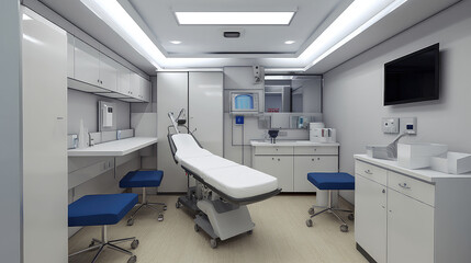 A modern empty dental clinic interior with bright overhead light and dental chairs with equipment