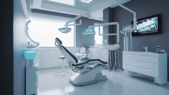 A modern empty dental clinic interior with bright overhead light and dental chairs with equipment