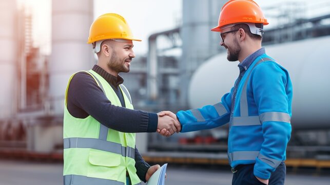 Engineer and CEO Shaking Hands Outside Factory. Generative AI.