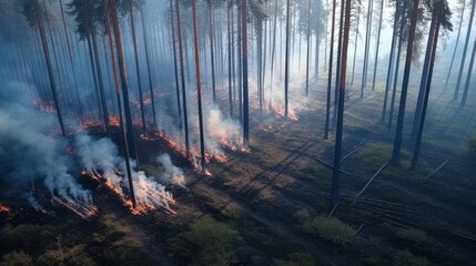 A forest after a forest fire with burned trees. Generative AI. 