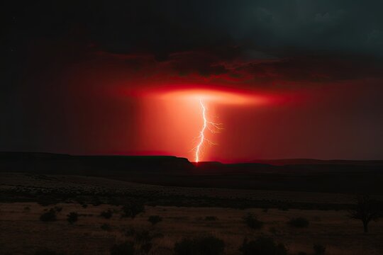 Red Sprite Lightning Against Night Sky. Generative AI.