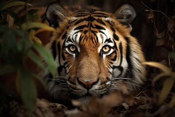 Endangered Tiger Peering Through Leaves: Conservation Awareness in Natural Habitat. Generative AI.