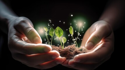 Fototapeta premium Hands Holding Small Plant in Soil for Ecology Concept. Generative AI.