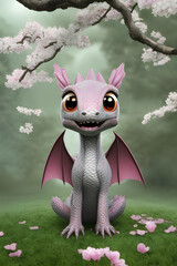 illustration of a tiny, cute dragon in the spring landscape in the background, during cherry blossom, generative AI.	