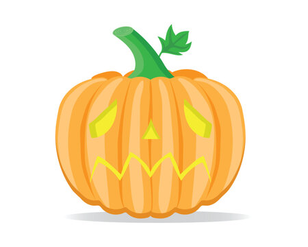 vector design of a cartoon caricature of a yellow pumpkin with scary eyes and mouth with a green stem and leaves on top which is used in halloween celebrations as a ghost