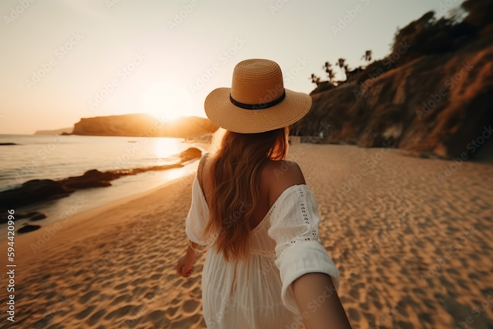 Wall mural pov view of young woman with sun hat holding her boyfriend by hand and walking to the beach at sunse